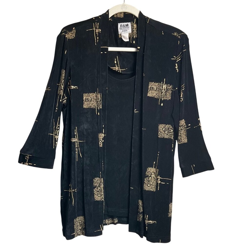R&M Richards Med-Large P Cardigan Top Black Gold Liquid Knit Old Money Artsy